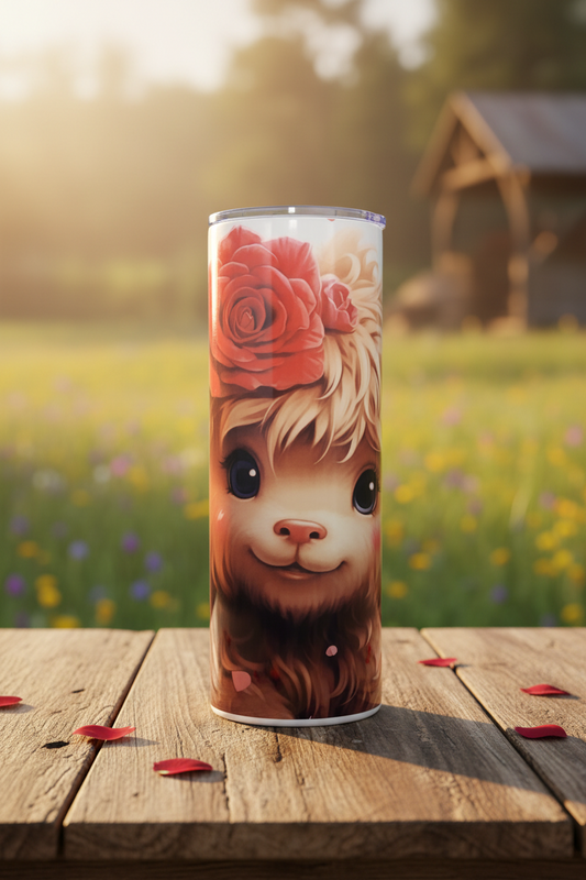 Tumbler with a cute cow design and red roses on a white background