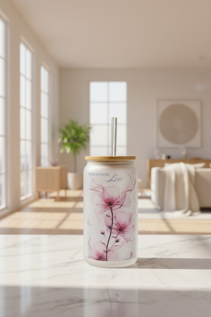 Personalized Flower & Name Frosted Glass Tumbler / Vaso de vidrio esmerilado personalizado con flor y nombre.