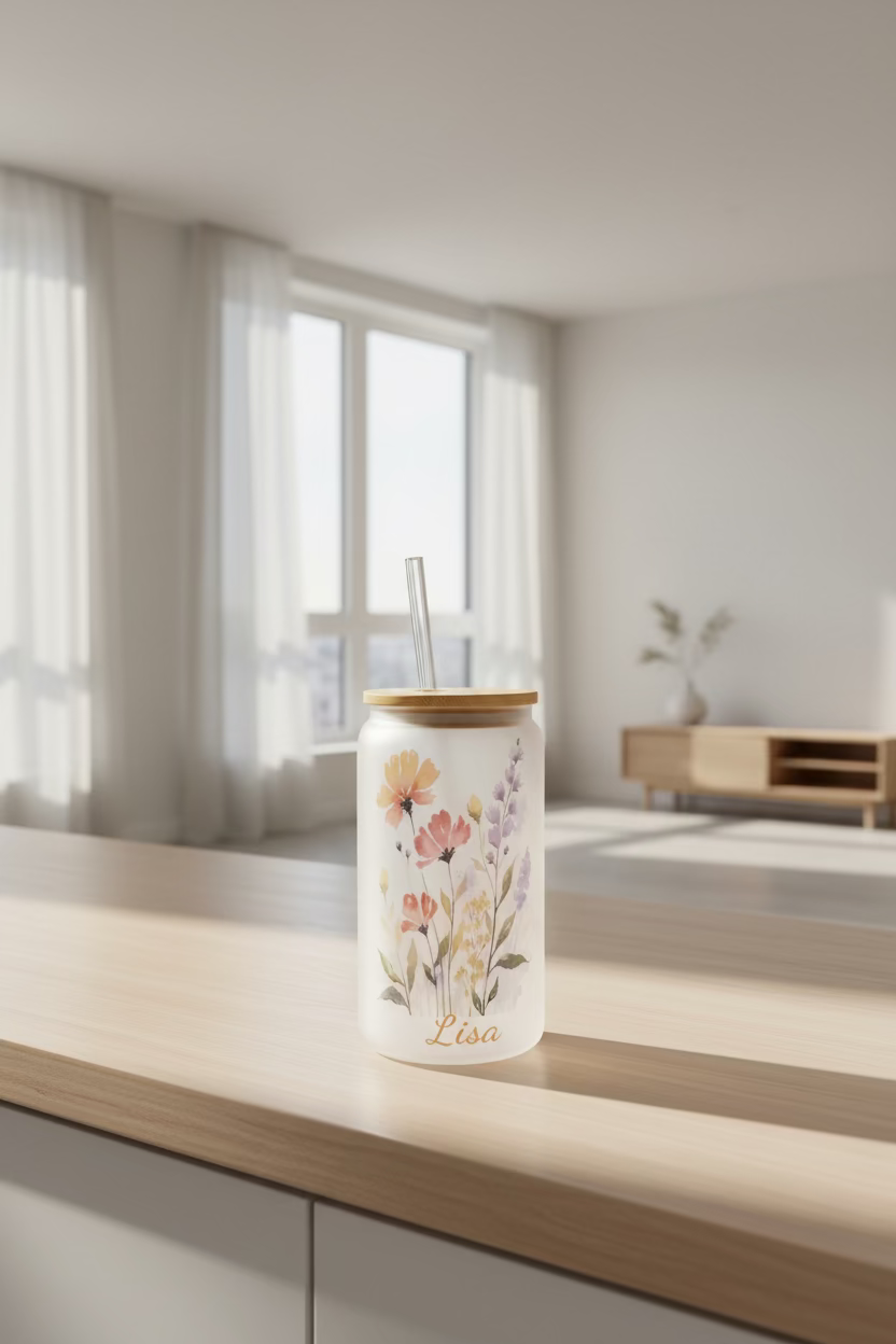 Personalized Flower Glass Tumbler / Vaso de cristal personalizado con diseño de flores