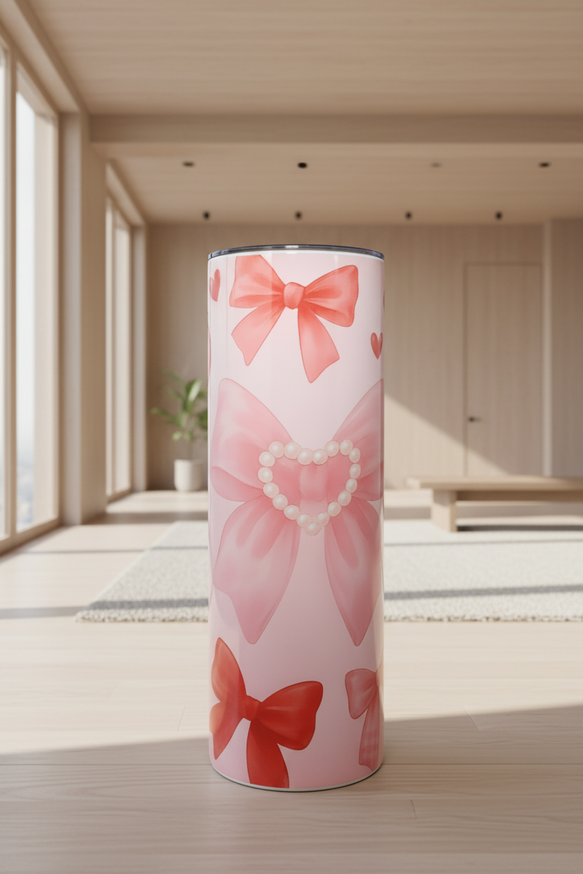 Tumbler with pink and red bows and pearl heart design on a white background