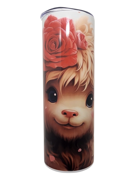 Tumbler with a cute cow design and red roses on a white background