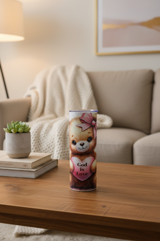 Tumbler with a teddy bear design and 'God is Love' message 